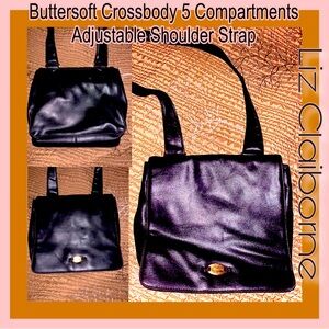 Vintage Liz Claiborne Black Crossbody 5 Compartments Comfy Adjustable Straps